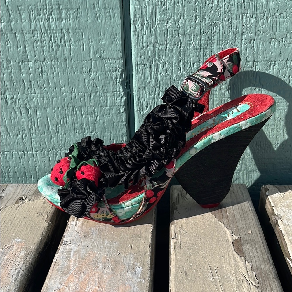 Irregular Choice Red strawberries and Black Heels wedge